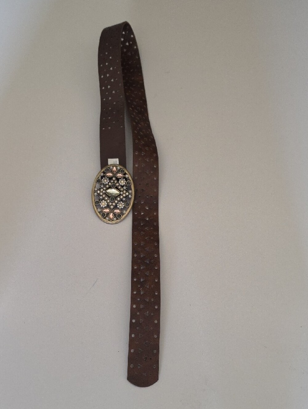 Women’s Brown Laser-Cut Belt with Decorative Jeweled Oval Buckle - Picture 3 of 4